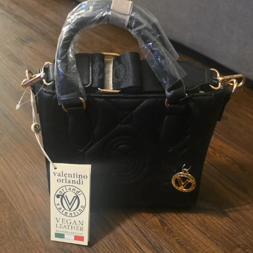 Valentino Orlandi Black Quilted Satchel with Gold Logo Charm and Strap